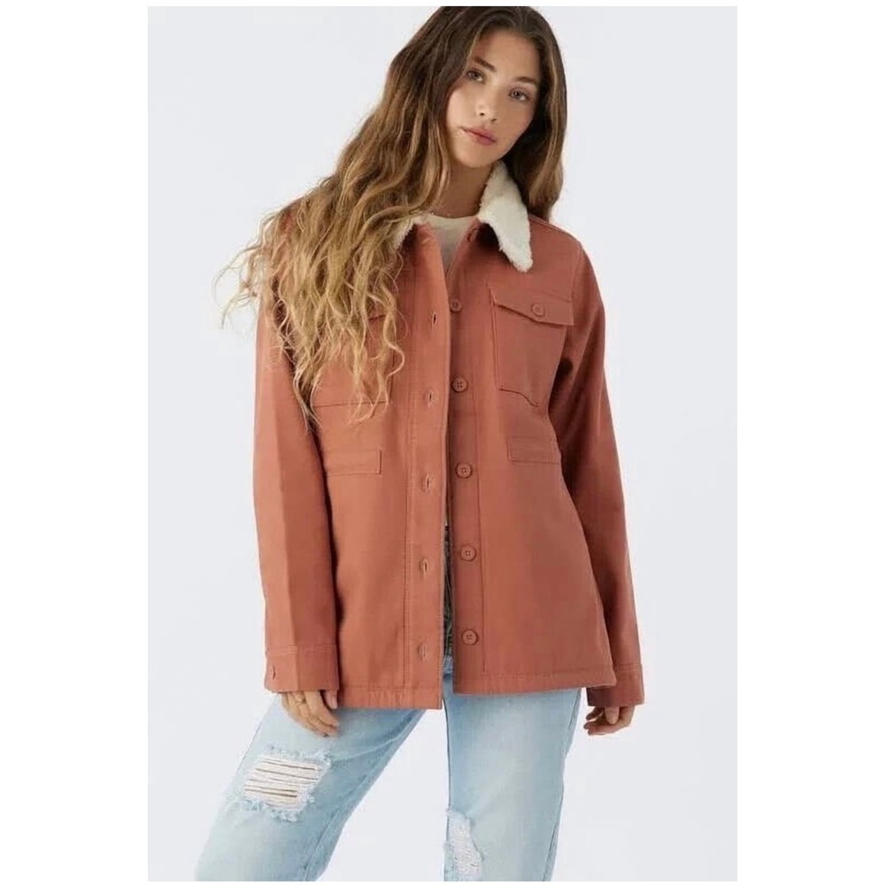 Hang Ten Womens XL Terracotta Rust Utility Jacket Faux Shearling Collar Fleece